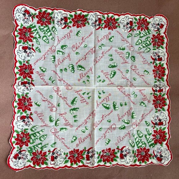 VTG 50s Christmas Hankie – Santa, Poinsettias, Trees – 13” Square - Picture 6 of 7